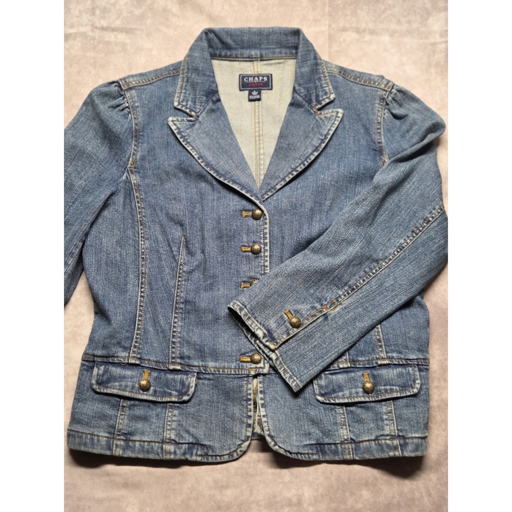 Vintage Blue Denim Jacket Wms Size Large‎ Pockets Y2K Flared Back Buttons Chaps